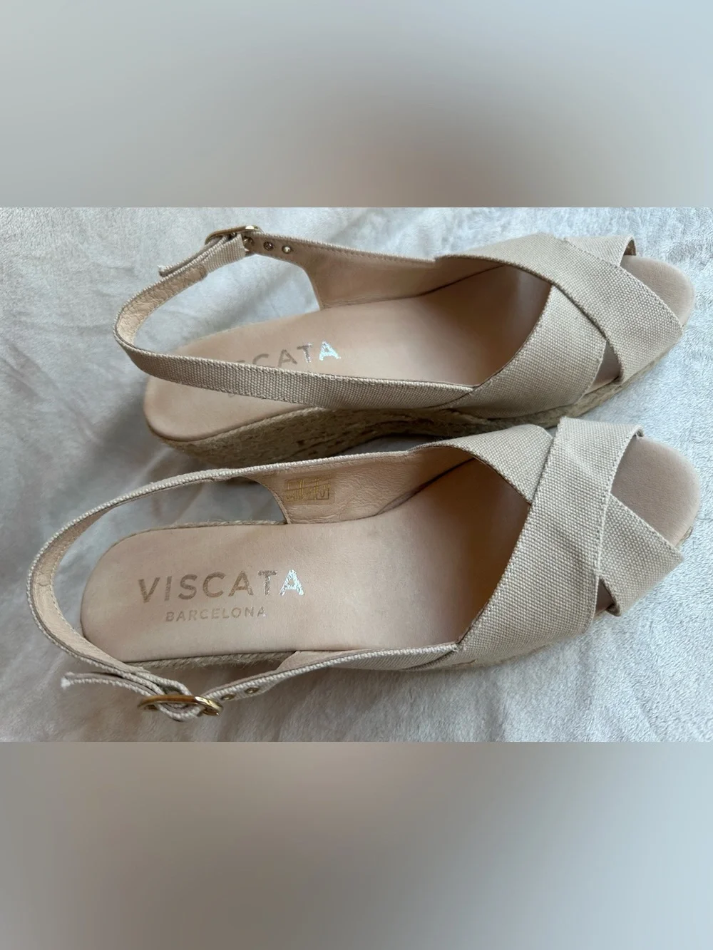 VISCATA Beige Canvas Espadrille Slingback Wedge Sandals
